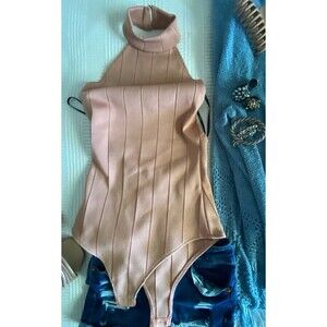 Forever 21 SMALL tan bandage style date night bodysuit onesie w/ collar NWOT